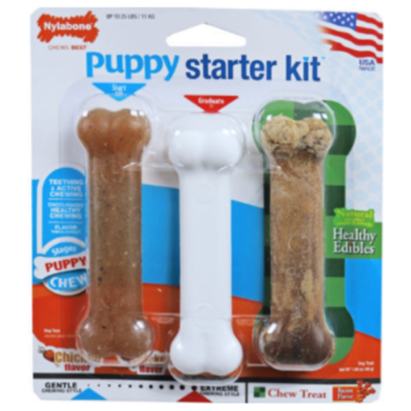 Afbeelding Nylabone Puppy Starter Kit Regular - Hondenspeelgoed - Kip Bacon 11 cm Bruin Wit Geschikt Voor Honden Tot 10kg. S door Petsplace.nl