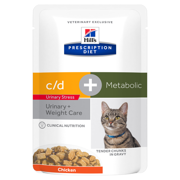 Afbeelding Hill's Prescription Diet C/D Urinary Stress Urinary Care + Weight Care Maaltijdzakjes - Kattenvoer - Kip 12x85 g door Petsplace.nl