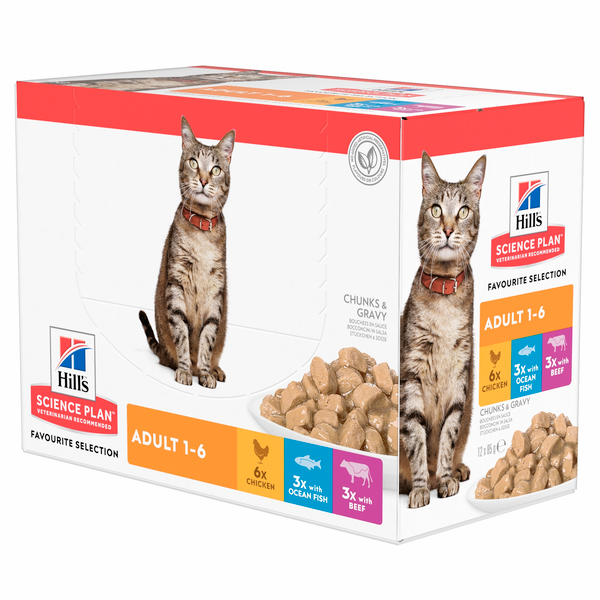 Afbeelding Hill's Optimal Care Pouch Adult Favourite Selection kat 12 zakjes door Petsplace.nl