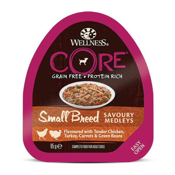 Afbeelding Wellness Core Small Breed Savoury Medleys 85 g - Hondenvoer - Kip&Kalkoen door Petsplace.nl