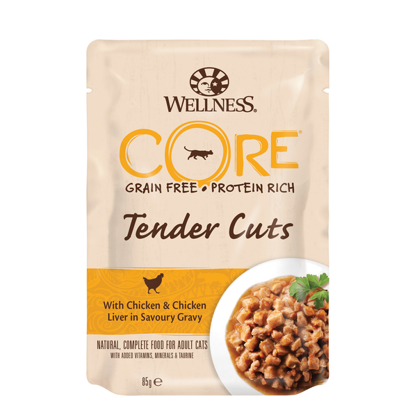 Afbeelding Wellness Core Tender Cuts 85 g - Kattenvoer - Kip&Kippenlever door Petsplace.nl