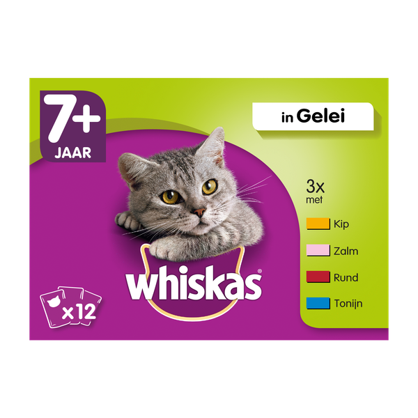 Afbeelding Whiskas 7+ Mix in gelei pouches multipack 12 x 100g Per verpakking door Petsplace.nl