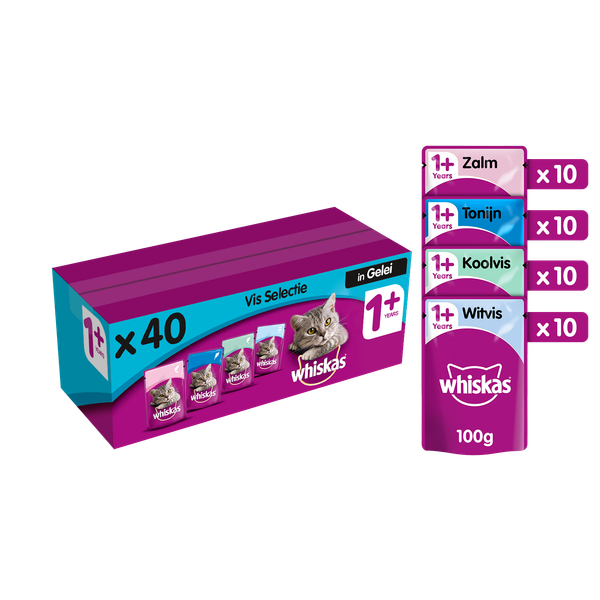 Afbeelding Whiskas 1+ Vis Selectie in Gelei pouches multipack 40 x 100g Per verpakking door Petsplace.nl
