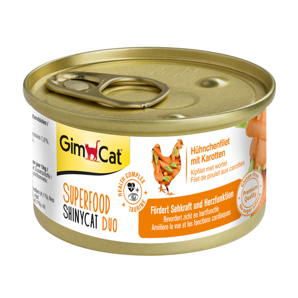 Afbeelding GimCat Superfood ShinyCat Duo - Kipfilet & Wortel - 24 x 70 gram door Petsplace.nl