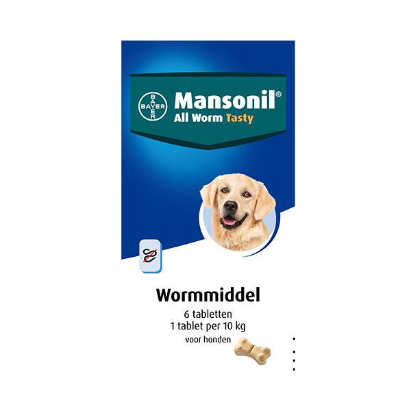 Mansonil All Worm Dog Tasty Small/Medium - Anti wormenmiddel - 6 tab Vanaf 2.5 Kg. 1 Tab Per 10 Kg