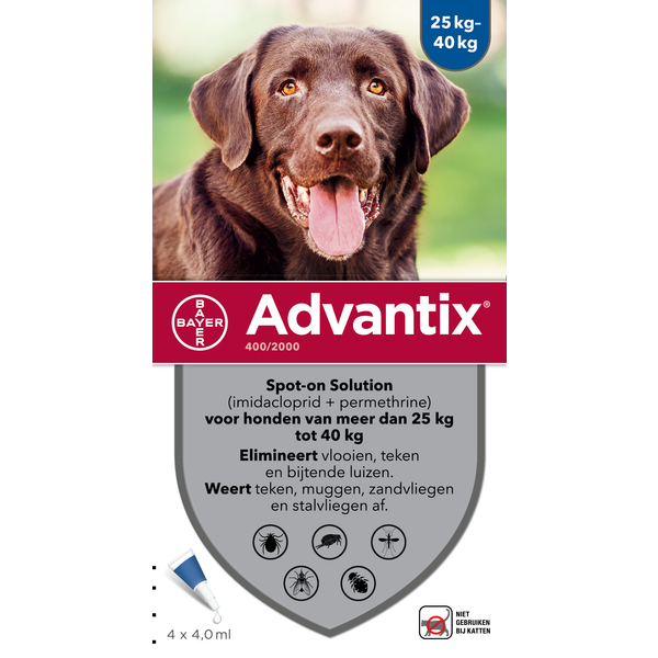 Afbeelding Advantix 400/2000 voor honden van 25 tot 40 kg 4 pipetten door Petsplace.nl