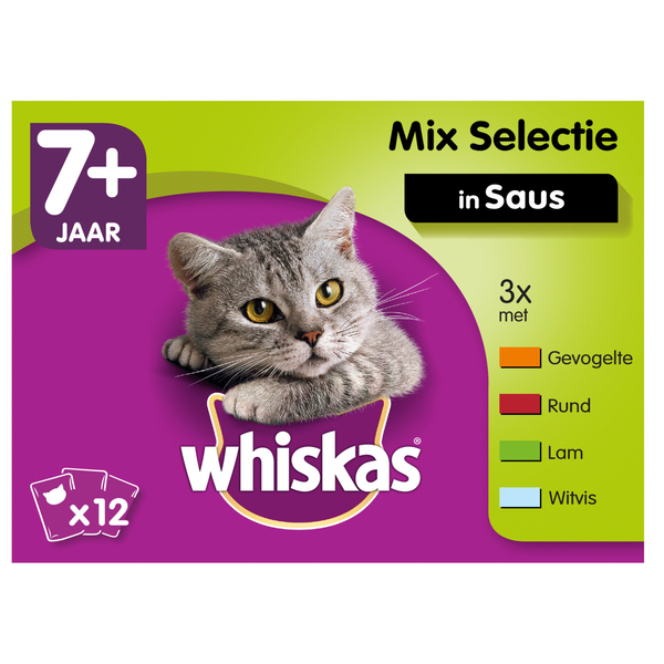 Afbeelding Whiskas 7+ Mix in saus pouches multipack 12 x 100g Per verpakking door Petsplace.nl