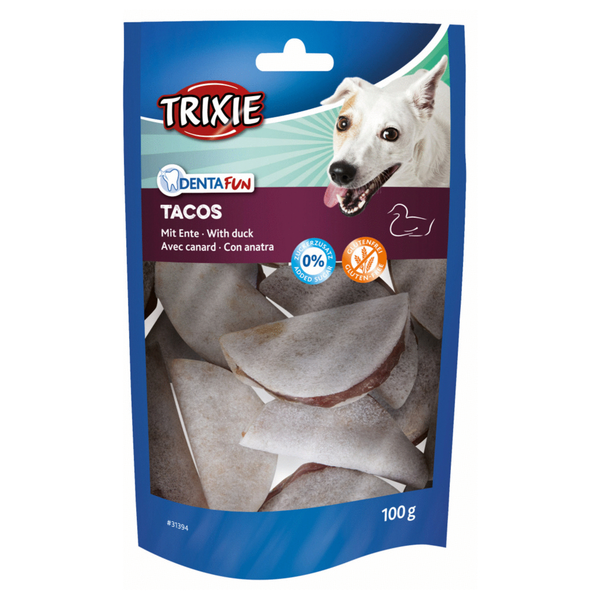 Afbeelding Trixie Denta Fun Tacos - Hondensnacks - Eend 5.5 cm 100 g door Petsplace.nl