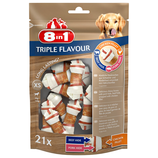 8in1 Delights Kauwknook Triple Flavour - Hondensnacks - Kip Varken Rund 21 stuks Xs