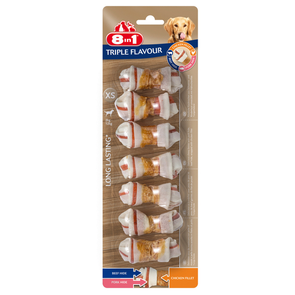 8in1 Delights Kauwknook Triple Flavour Kip&Varken&Rund - Hondensnacks - Xs