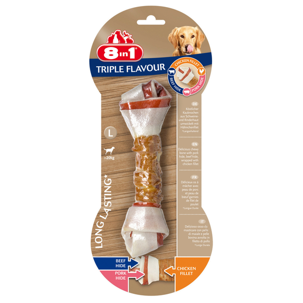 8in1 Delights Kauwknook Triple Flavour Kip&Varken&Rund - Hondensnacks - L