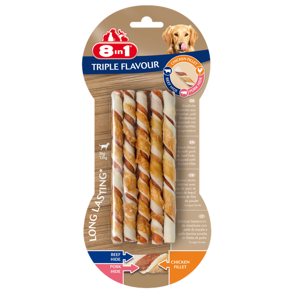 Afbeelding 8in1 Delights Twisted Sticks Triple Flavour - Hondensnacks - Kip Varken Rund 10 stuks door Petsplace.nl