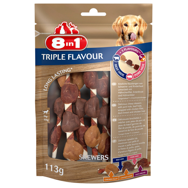 Afbeelding 8in1 Delights Skewers Triple Flavour - Hondensnacks - Kip Varken Rund 6 stuks door Petsplace.nl