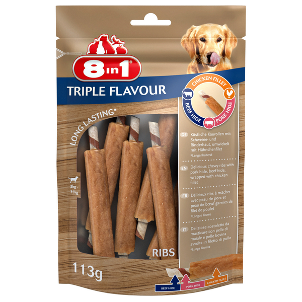 Afbeelding 8in1 Delights Ribs Triple Flavour - Hondensnacks - Kip Varken Rund 6 stuks door Petsplace.nl