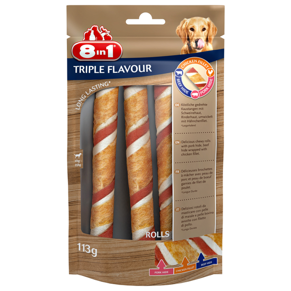 Afbeelding 8in1 Triple Flavour Rolls - Hondensnacks - Varken Kip Rund 113 g 3 stuks door Petsplace.nl