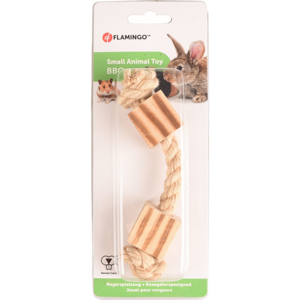 Afbeelding Flamingo Knaagdierspeelgoed Bbq Hout Met Touw En Kubus - Speelgoed - 16x3x3 cm Naturel Bruin door Petsplace.nl