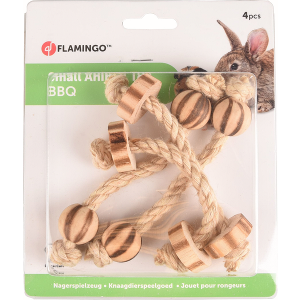 Afbeelding Flamingo Knaagdierspeelgoed Bbq Hout Met Touw - Speelgoed - 15x3x3 cm Gevlamd door Petsplace.nl