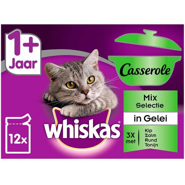 Afbeelding Whiskas Pouch 1+ Casserole Mix Selectie in Gelei 1 doosje door Petsplace.nl