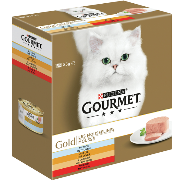 Afbeelding Gourmet Gold 8-Pack Mousse tonijn/lever/kalkoen/rund kat 6 doosjes (48 blikken) door Petsplace.nl