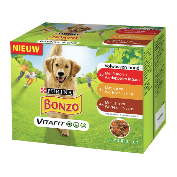 Afbeelding Bonzo Pouch Vitafit Adult - Hondenvoer - Lam Wortel 12x100 g door Petsplace.nl