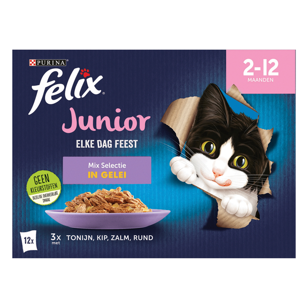 Afbeelding Felix Multipack Elke Dag Feest Mix Selectie In Gelei Junior - Kattenvoer - Tonijn Kip Zalm 12x85 g door Petsplace.nl
