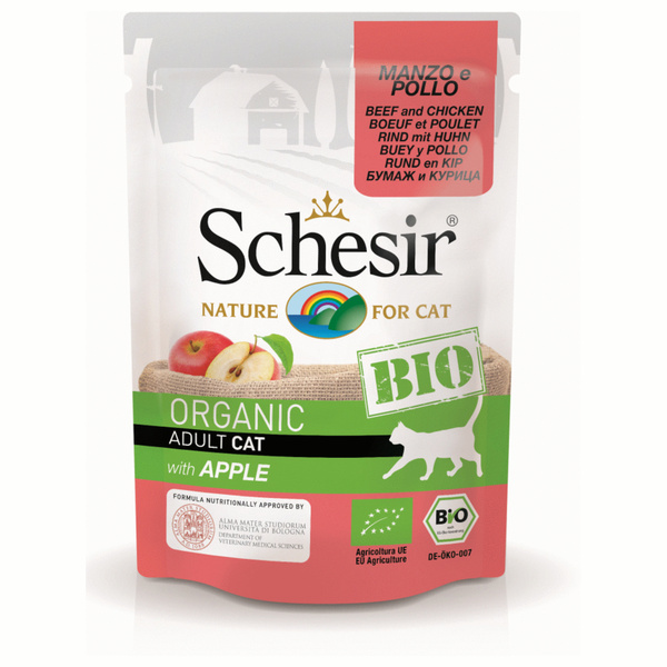 Afbeelding Schesir Kat Bio Pouch 85 g - Kattenvoer - Rund&Kip&Appel door Petsplace.nl