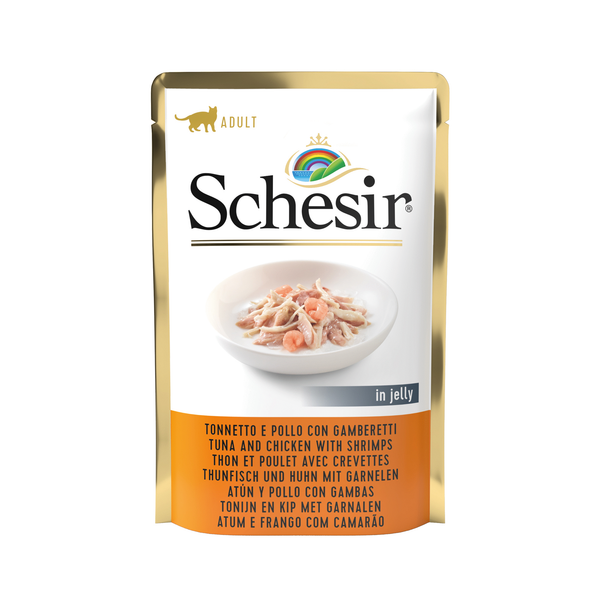 Afbeelding Schesir Cat Maaltijdzakjes Adult In Gelei 85 g - Kattenvoer - Tonijn&Kip&Garnaal door Petsplace.nl
