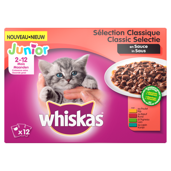 Afbeelding Whiskas Junior Classic in saus pouches multipack 12 x 100g Per verpakking door Petsplace.nl