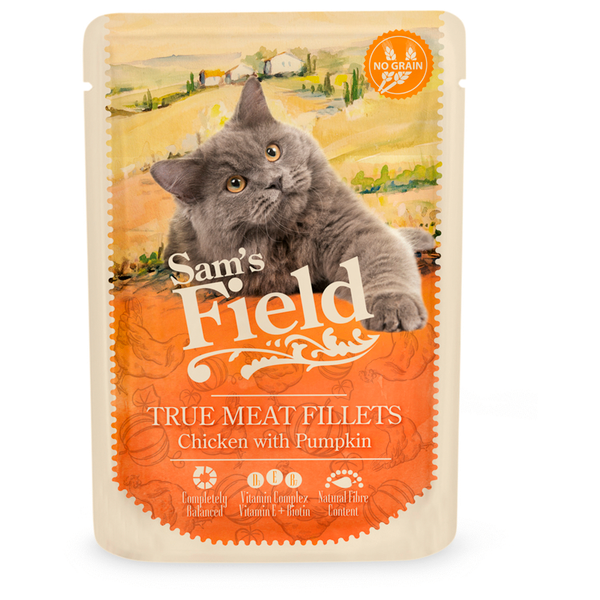 Afbeelding Sam's Field Cat Pouch True Meat Filets 85 g - Kattenvoer - Kip&Pompoen door Petsplace.nl