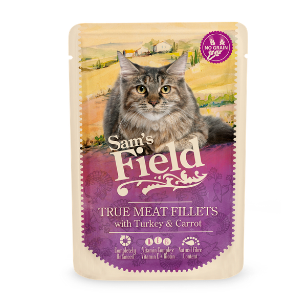 Afbeelding Sam's Field Cat Pouch True Meat Filets 85 g - Kattenvoer - Kip&Kalkoen&Wortel door Petsplace.nl