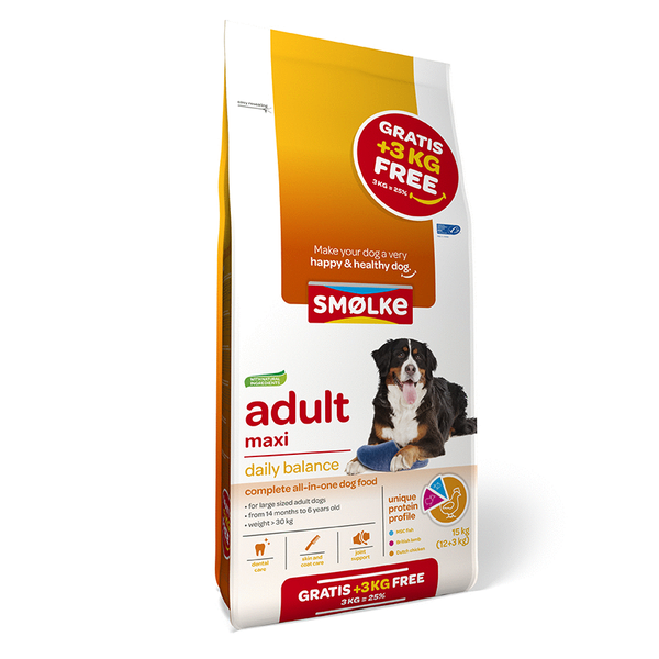 Afbeelding 12+3 kg Smolke adult maxi bonus bag hondenvoer door Petsplace.nl