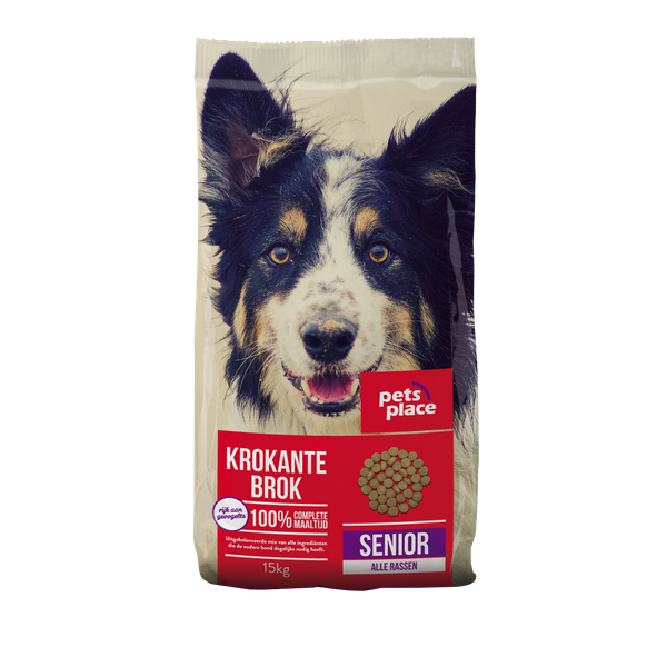 Afbeelding Pets Place Senior Krokante Brokken Gevogelte&Vlees - Hondenvoer - 15 kg door Petsplace.nl