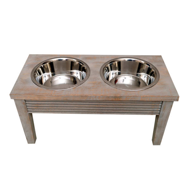 Afbeelding Adori Voerbak Op Standaard Hout Dubbel Grey Wash - Hondenvoerbak - 45x22x15 cm door Petsplace.nl