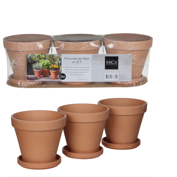 Mica Decorations Terracotta Pot Met Schotel Set Van 3 - Bloempotsets - 40.5x13.5x12 cm Terra