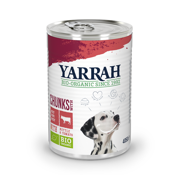 Afbeelding Yarrah Dog Blik Brokjes Vlees In Saus Met Brandnetel En Tomaat door Petsplace.nl