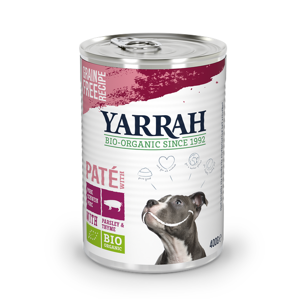 Afbeelding Yarrah - Paté Hond Blik met Varken Bio - 12 x 400 gram door Petsplace.nl