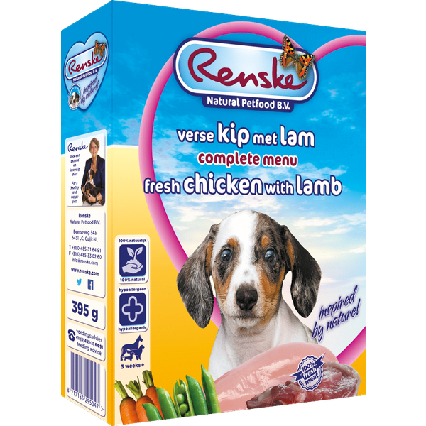 Renske Vers Pup/Junior Kip en Lam hondenvoer 1 tray (10 x 395 gram)