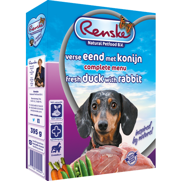 Afbeelding Renske Vers Eend en Konijn hondenvoer 1 tray (10 x 395 gram) door Petsplace.nl
