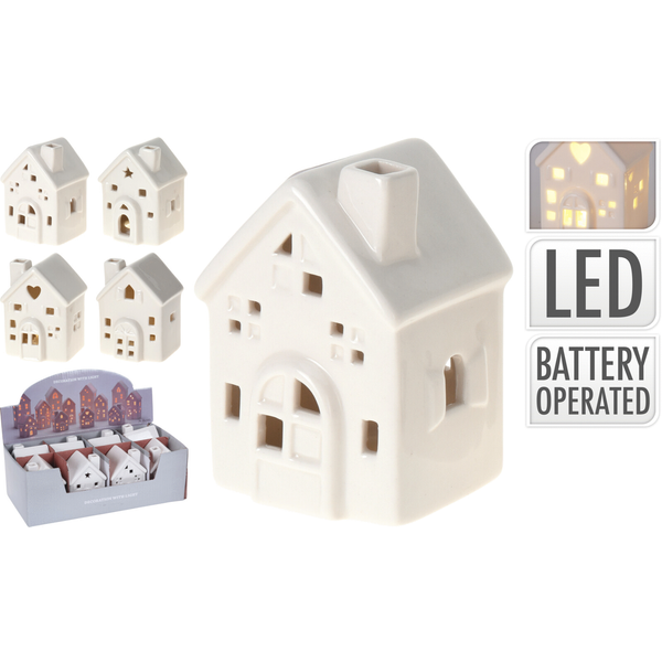 Homestyle Huis Met Led - Verlichting - 6x6x10 cm Wit Assorti