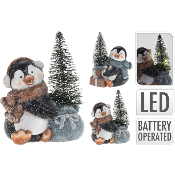 Homestyle Pinguin Met Boom En Led - Kerstversiering - 12.5x8x13.5 cm