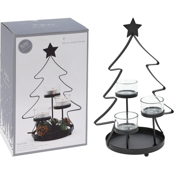 Afbeelding Homestyle Kerstboom Theelichthouders - Branders - 19x14x29.5 cm Zwart door Petsplace.nl