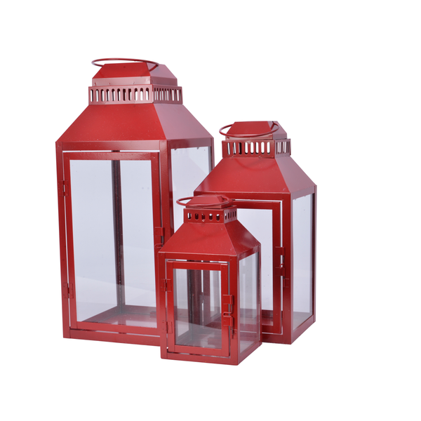 Afbeelding Decoris Lantaarn Set Van 3 - Kerstversiering - 20x20x45 cm Rood door Petsplace.nl