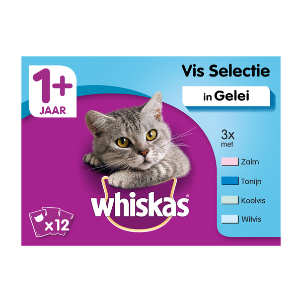 Afbeelding Whiskas 1+ Vis in gelei pouches multipack 12 x 100g Per verpakking door Petsplace.nl